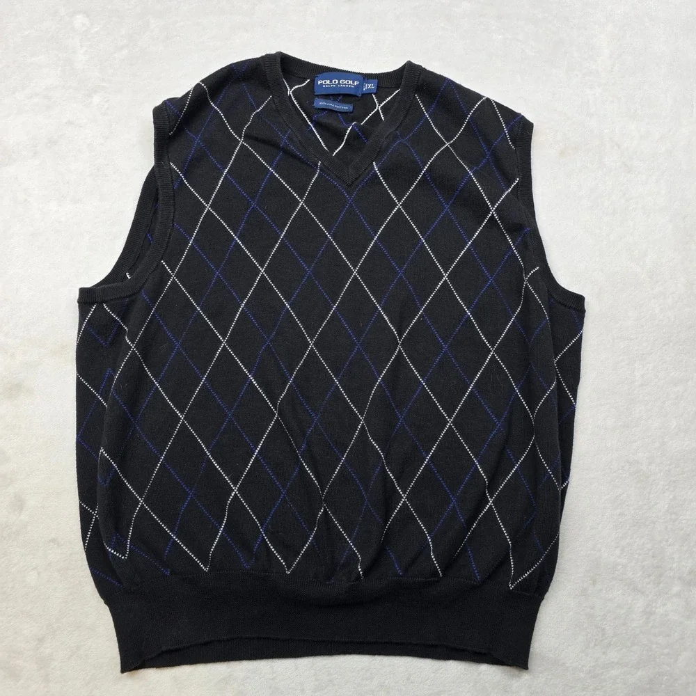 Polo Golf Ralph Lauren Argyle Sweater Vest Mens XL Black‎ Pima Cotton